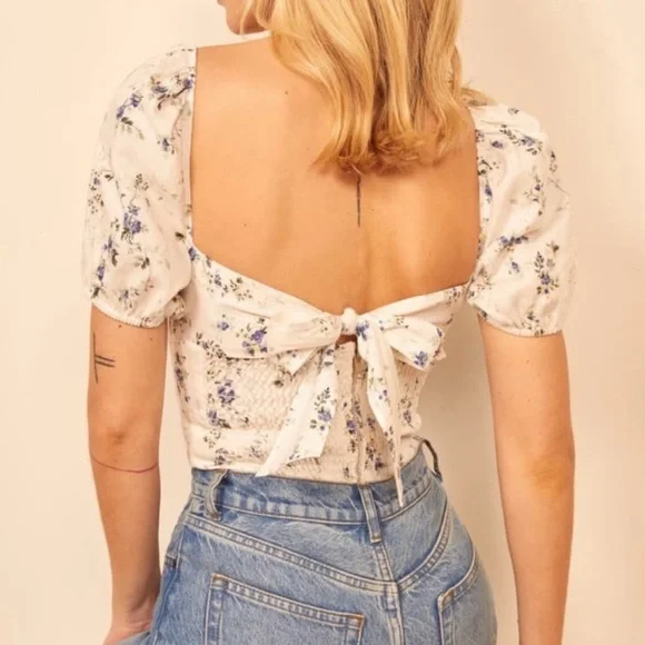 Reformation Casterly Linen Puff Sleeve Tie Back Top Madeline Floral Print Size 4 - Picture 2 of 8